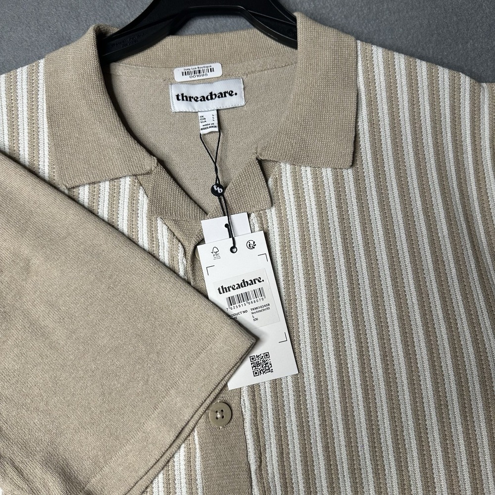 Threadbare Beige Striped Knit Short Sleeve‎ Button-Up Shirt Large